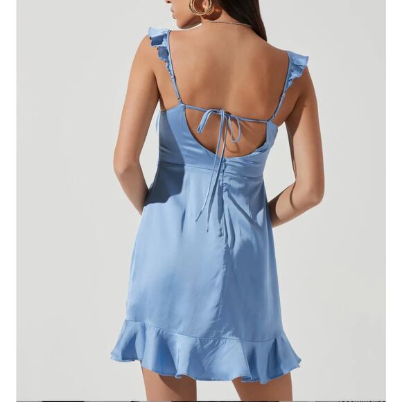 ASTR The Label Marla Flutter Strap Blue Satin Mini Dress New Womens Medium - Picture 8 of 11